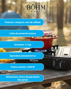 Plita cu un arzator pe gaz Camping BÖHM HOME BG-K-001, GPL, 2.3 kW, 33.5x19.5x9 cm - Img 9