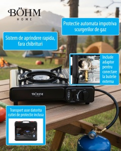 Plita cu un arzator pe gaz Camping BÖHM HOME BG-K-001+L, GPL, 2.3 kW, Racord metalic extern pentru furtun de gaz, 33.5x19.5x9 cm - Img 5