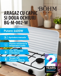 Plita cu doua arzatoare pe gaz si aprindere manuala BÖHM HOME BG-M-002-W, 4.4 kW, 55x32x7 cm - Img 2