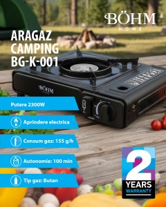 Plita cu un arzator pe gaz Camping BÖHM HOME BG-K-001+L, GPL, 2.3 kW, Racord metalic extern pentru furtun de gaz, 33.5x19.5x9 cm - Img 2