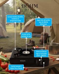 Plita cu un arzator pe gaz Camping BÖHM HOME BG-K-001, GPL, 2.3 kW, 33.5x19.5x9 cm - Img 10