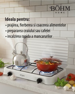 Plita cu doua arzatoare pe gaz si aprindere manuala BÖHM HOME BG-M-002-W, 4.4 kW, 55x32x7 cm - Img 6