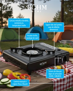 Plita cu un arzator pe gaz Camping BÖHM HOME BG-K-001+L, GPL, 2.3 kW, Racord metalic extern pentru furtun de gaz, 33.5x19.5x9 cm - Img 3