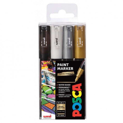 AK UNI set PC-1M POSCA /0.7mm 4 kom crni,beli,srebrni i zlatni