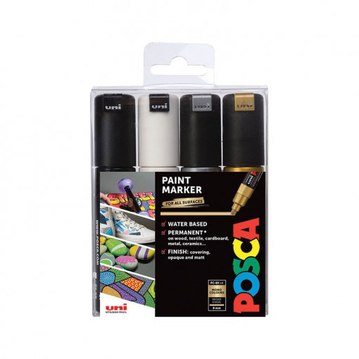 POSCA marker pen PC-8k 8mm chisel tip monotones pack of 4