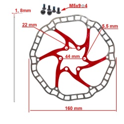 Disc frana eWheel EWD001 160mm, 6 gauri, rosu - Img 2