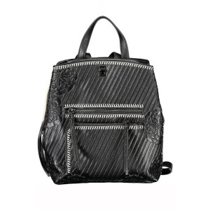 Desigual women bag rucksack backpack дамска черна раница с релефни детайли цветен цип и джоб отпред