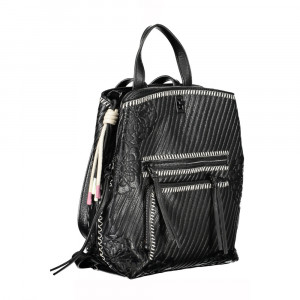 Desigual women bag rucksack backpack дамска черна раница с релефни детайли цветен цип и джоб отпред