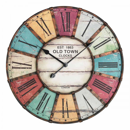Ceas de perete XXL cu aplicatii din metal, analog, design VINTAGE - Old Town Clock, cifre romane, colorat, TFA 60.3021