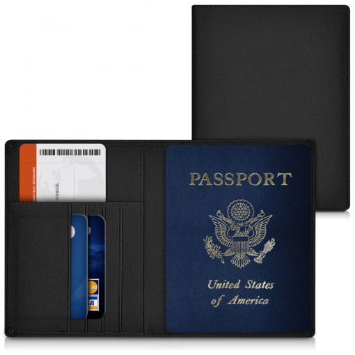 Husa pentru pasaport cu slot card, Kwmobile, Negru, Piele ecologica, 39078.01