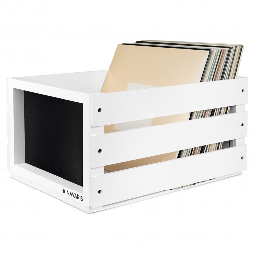 Cutie de depozitare din lemn pentru albume de vinil Navaris, 80 discuri, Alb, 53026.01.02