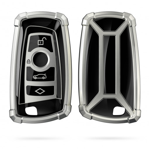 Husa Cheie Auto pentru BMW - 3 Butoane - Keyless Go, kwmobile, Silicon, Silver / Negru, 55039.01