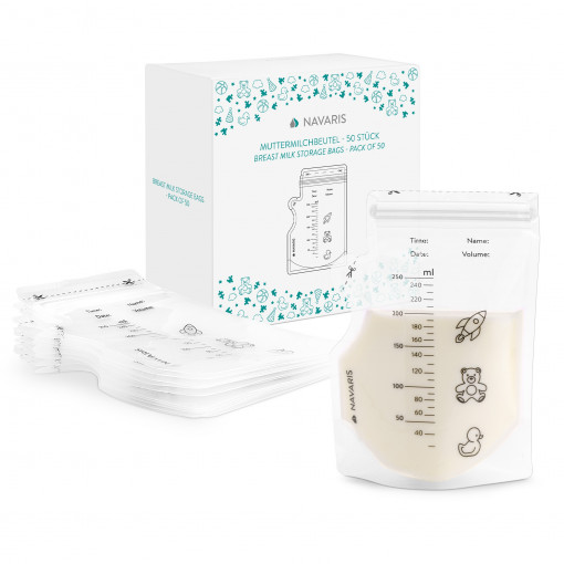 Set 50 x Punga de stocare a laptelui matern Navaris fara BPA si BPS, 250 ml, 53219.01