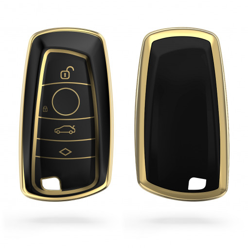 Husa Cheie Auto pentru BMW - 3 Butoane - Keyless Go, kwmobile, Silicon, Negru / Gold, 56009.01