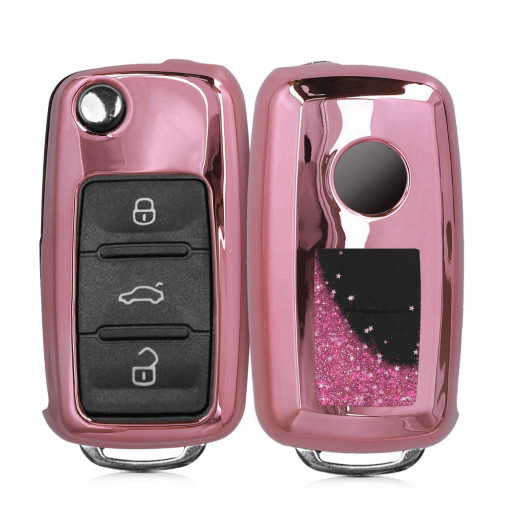 Husa Cheie Auto pentru VW / Skoda / Seat - 3 Butoane, kwmobile, Silicon, Roz, 50722.03