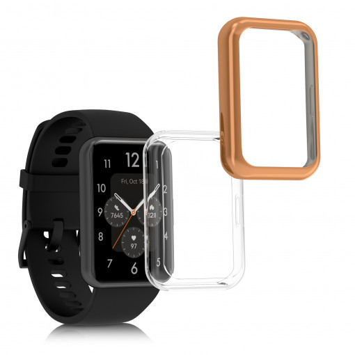 Set 2 huse kwmobile pentru Huawei Watch Fit 2, Silicon, Transparent/Roz, 59430.03