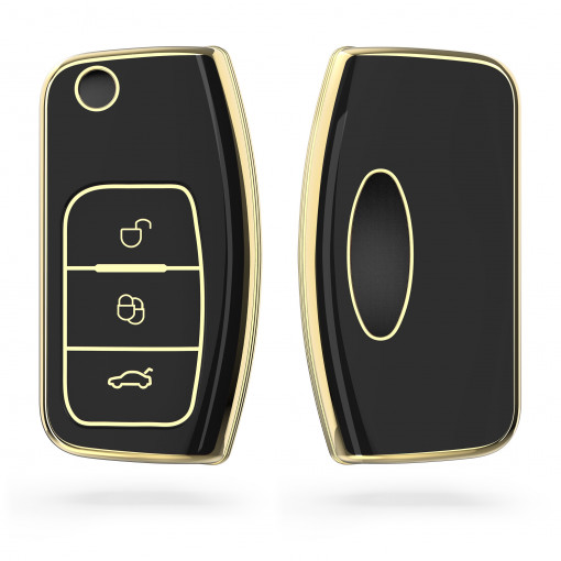 Husa Cheie Auto pentru Ford - 3 Butoane, kwmobile, Silicon, Negru / Gold, 55999.01