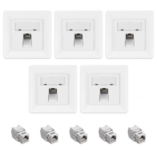 Set 5 Prize ecranate de retea RJ45 cu 5 mufe CAT 6A, Kwmobile, Alb, Metal, 54571.01.05