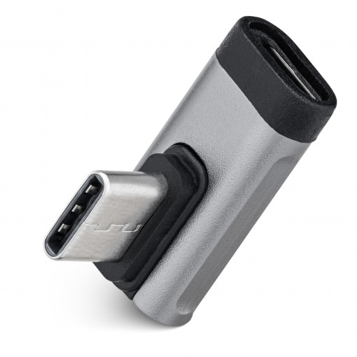 Adaptor USB-C in unghi drept de 90 grade, Kwmobile, Argintiu/Negru, Aluminiu, 56386.01
