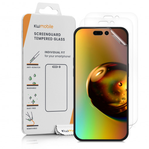 Set 3 folii de protectie Kwmobile pentru Apple iPhone 14 Pro, Fata, Polimer, 59225.1