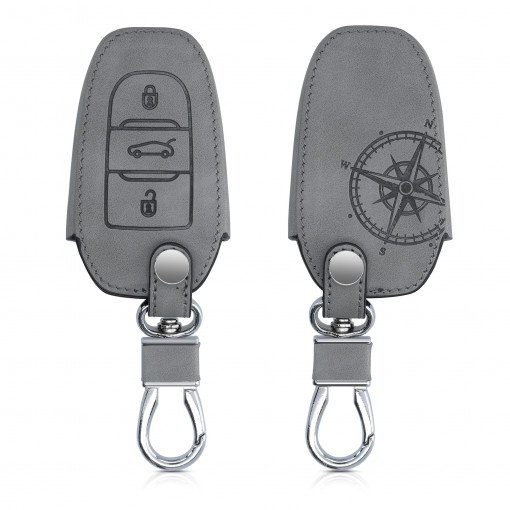 Husa Cheie Auto pentru Peugeot / Citroen - 3 Butoane - Keyless Go, Piele nabuc, Gri, 53762.01