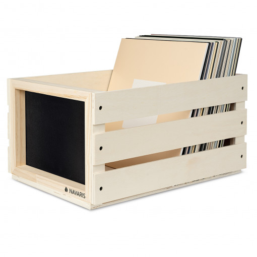 Cutie de depozitare din lemn pentru albume de vinil Navaris, 80 discuri, Maro, 53026.01.24