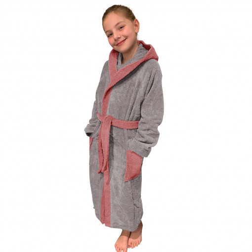 Halat de baie pentru copii Homelevel, 164, Gri / Roz, Bumbac organic, 54864.20.40