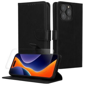 Set Husa si Folie de protectie Kwmobile pentru Apple iPhone 15 Pro, Negru, Piele ecologica/Silicon, KWM000022VC001C - Img 1