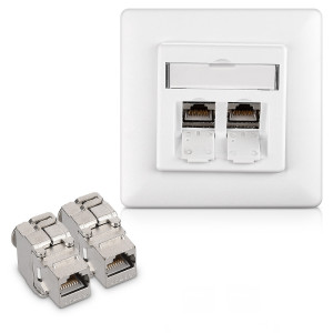 Set 1 Priza dubla de retea RJ45 10G cu 2 mufe CAT 6A, Kwmobile, Alb, Metal, 45360.01 - Img 1