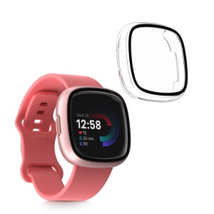 Set 2 Huse Kwmobile cu sticla securizata pentru Fitbit Versa 4/Sense 2, Transparent/Roz, Plastic, KWM000024UJ003C - Img 2