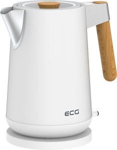 Fierbator electric ECG RK 1768 Strix Timber White, 1.7 litri, 2200 W, pereti dubli, otel inoxidabil si elemente din lemn, alb - Img 1