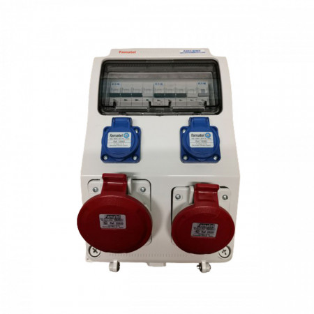 Tablou electric Famatel echipat 2 prize trifazate 5P 32A + 2 prize monofazate schuko 16A, 9L IP44 cu aparataj automat Eaton