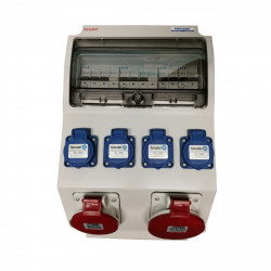 Tablou electric Famatel echipat cu o priza trifazata 5P 16A + o priza trifazata 5P 32A + 4 prize monofazate schuko 16A, 12L IP44 cu aparataj automat Eaton