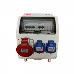 Tablou electric Famatel echipat cu o priza trifazata 5P 16A + 2 prize monofazate schuko 16A, 9L IP44 cu aparataj automat Eaton