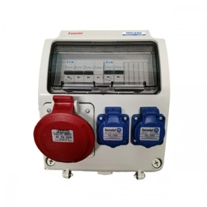 Tablou electric Famatel echipat cu o priza trifazata 5P 32A + 2 prize monofazate schuko 16A, 9L IP54 cu aparataj automat Eaton