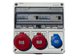 Tablou electric Famatel echipat cu o priza trifazata 5P 16A + o priza trifazata 5P 32A + 1 priza monofazata schuko 16A, 16L IP65 cu aparataj automat Eaton