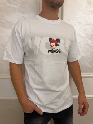 Мъжка тениска в бяло Mickey с щампа и надписи