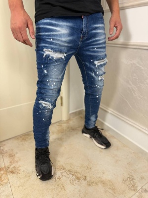 Мъжки сини дънки Slim Fit с накъсан ефект и пръски