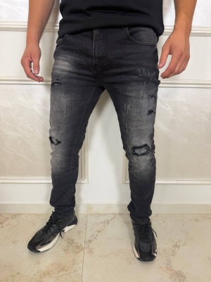Мъжки тъмносиви дънки Slim Fit с накъсан ефект и избелване