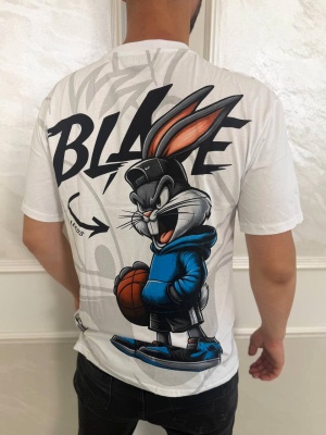Мъжка тениска в сиво с надпис и щампа Bugs Bunny