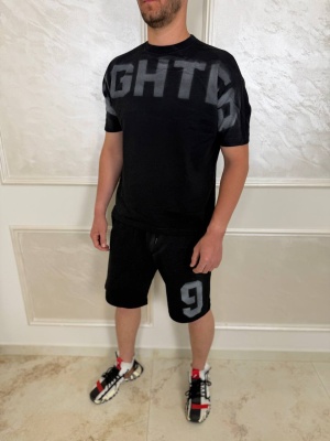 Мъжки къс екип в черно Fighter с надпис и щампа