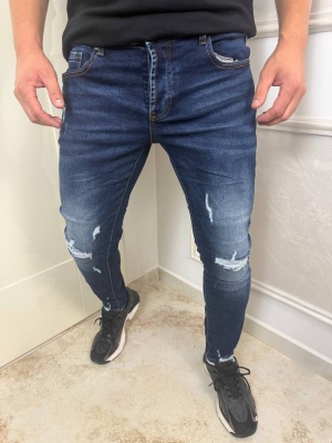 Мъжки тъмносини дънки slim fit с надран ефект