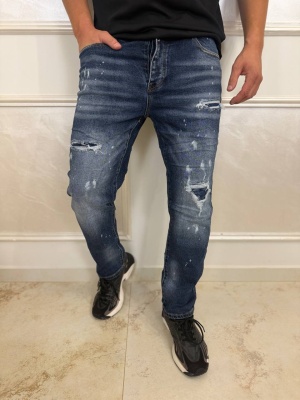 Мъжки тъмносини дънки Slim Fit с накъсан ефект и пръски