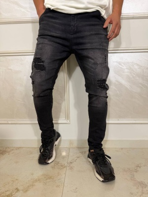Мъжки тъмносиви дънки slim fit с накъсан ефект MD76