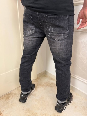 Мъжки тъмносиви дънки Slim Fit с накъсан и избелен ефект