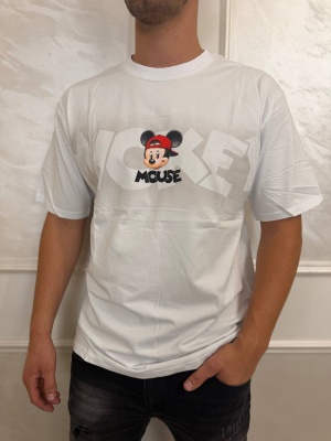 Мъжка тениска в бяло Mickey с щампа и надписи
