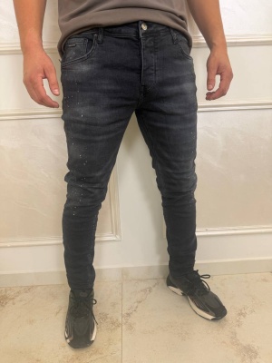 Мъжки дънки в черно Slim Fit с пръски и надран ефект