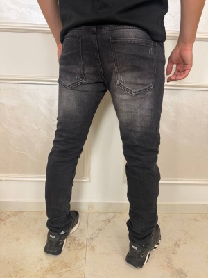Мъжки тъмносиви дънки Slim Fit с накъсан ефект и избелване