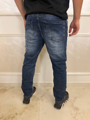 Мъжки тъмносини дънки Slim Fit с накъсан ефект и пръски - Img 4