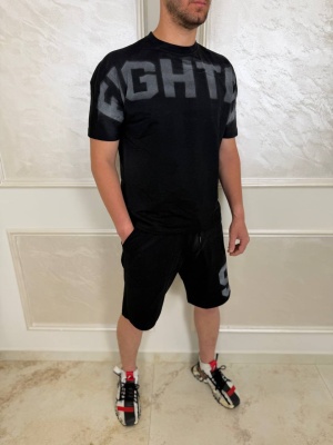 Мъжки къс екип в черно Fighter с надпис и щампа